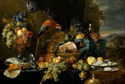 Jan Davidsz. de Heem (1606 Utrecht – 1683/84 Antwerpen), Prunkstillleben mit Papagei, bez. l. auf dem unteren Blatt Papier: JDDeHeem, Öl/Leinwand  | © Gemäldegalerie der Akademie der bildenden Künste Wien